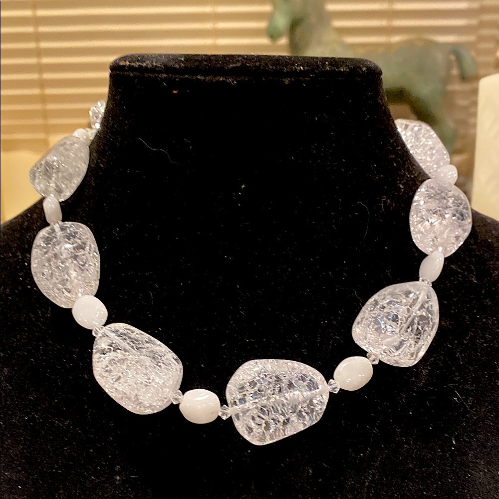 Beautiful Cracked Rock Crystal Necklace with Silver Tone Accents. Marked 925